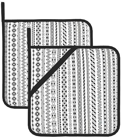 Set di 2 presine isolate quadrate con strisce triangolari bohémien, guanti da forno per cucinare e cuocere al forno