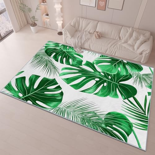 Plant Monstera - Alfombra de área de palmera, lavable a máquina, para sala de estar, dormitorio, grande, 160 x 230 cm, antideslizante, alfombra verde de pelo bajo, para interiores, cocina, comedor,