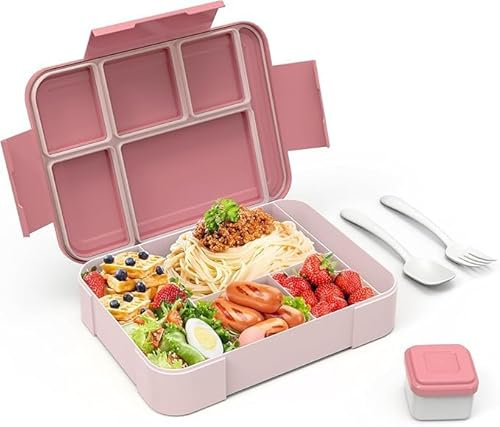 PDBEST Bento Lunch box,Lunch Box for Adults 1330ml Bento Box with 6 Compartments, Lunch Boxes with Cutlery Set, Leak Proof Lunch box for Kids, Snack Box for School Kindergarten Office,Pink