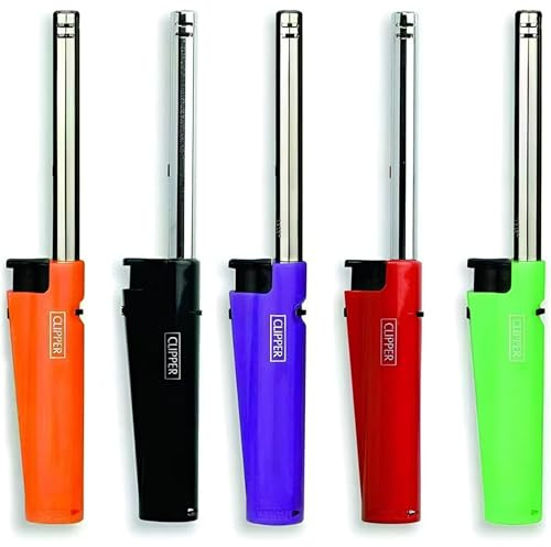 ANGIX 5 x Clipper Tube Lighters Multipack Long Refillable Gas Lighters for Kitchen, BBQ & Camping, Safety Lock, Adjustable Flame, Fuel Window - Perfect for Grills, Stoves, Candles (Random Color Sent)