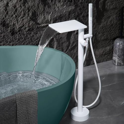 BiaoTeng Grifo de Bañera Exenta en Cascada Latón Frio y Caliente Grifo Bañera y Ducha Cascada Blanco