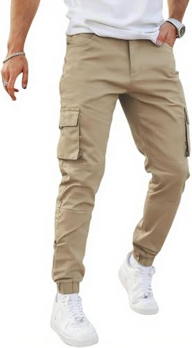 GINGTTO Pantalon Cargo Homme Slim Fit Jogger Elastique Pantalons Stretch Pants avec Multipoches pour Hommes Khaki Clair 30