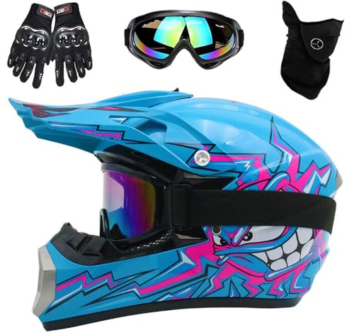 Casque de Moto, Casque de Motocross Pour Jeunes Enfants, Homologué DOT, Casque de Course Universel Quatre Saisons Avec Gants, Lunettes, Masque, Ensemble de 4 PièCes(126 Blue Moon,S(52-53cm))