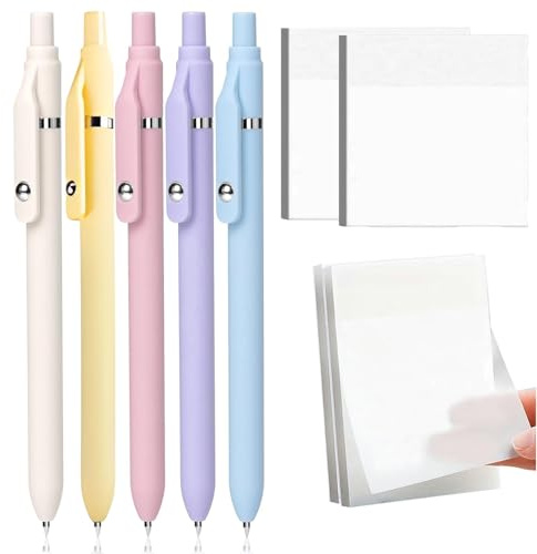 Ayicheyl 5 Stück Gelstifte mit 4pcs Sticky Notes, 0.5mm Gelschreiber Schwarz & Transparente Haftnotizen, Gel Pen Fein Schnell Trocknende Tinte für Tagebuch, Zeichnung, Schule, Büro (9 Pcs)