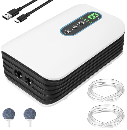 Aquarium Luftpumpe, Sauerstoffpumpe 4800mAh Akku, Doppel Auslass(5L/min), 6-Stufig Einstellbarer Luftstrom, Ultra-leise USB Aquarium pumpe für Aquarien, Gartenteiche Angeln Stromausfälle