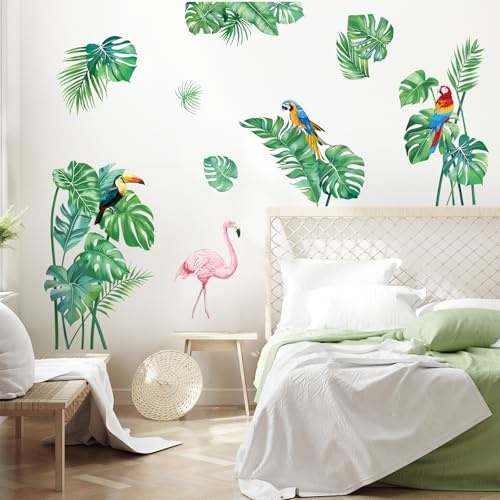 FUFUQUARE Tropical Leaves Wall Stickers Green Parrot Flamingo Wall Decals | Peel and Stick Art Decor for Living Room Bedroom TV Background Office