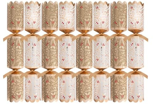 Harvey & Mason Pack of 8 Premium White Gold Holly Berry Christmas Crackers - 12.5 Metallic Festive Xmas Holiday Dinner Table Decorations - Novelty Fun Prizes Gifts Contains Hats Jokes