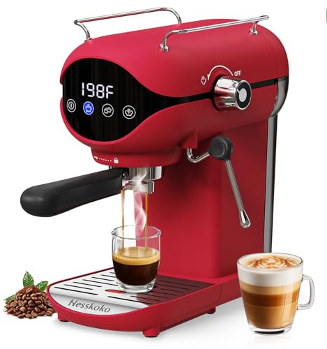 Nesskoko Espresso Machine with Steam Milk Frother Semi Automatic 20 Bar Compact Red with Touch Screen for home Cafetera Espresso, Latte, Cappuccino, Americano, Macchiato
