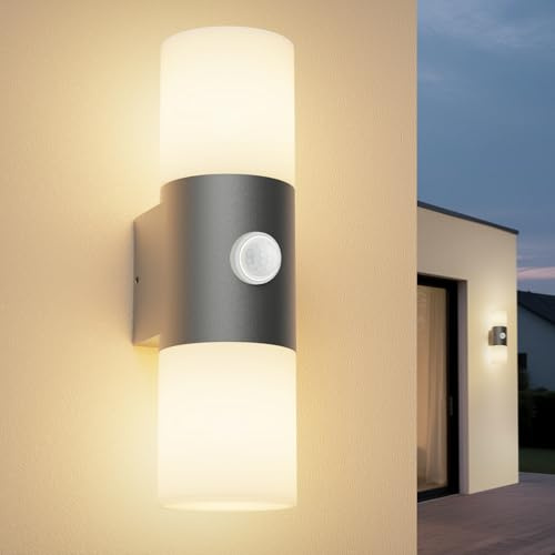 Allesgute Außenlampe mit bewegungsmelder E27 Up Down, IP65 Außenlamp Anthrazit, Wandlampe Aussen Up Down, PC Aluminium Außenleuchte Wand für Garage, Haustür, Balkon (Ohne Leuchtmittel)