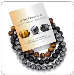 AstraGlam Bracelet Homme, 8 mm Œil de Tigre, Hématite, Bracelets pour Homme, Obsidienne Noire, Pierres Naturelles Bracelet Perles Homme, Bracelet Élastique Fait à la Main avec Triple Protection