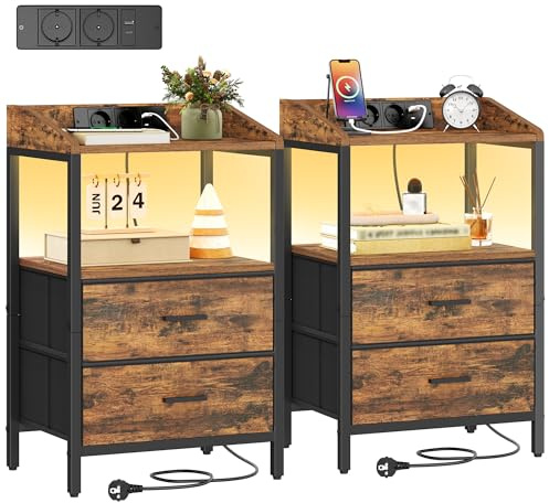 Hzuaneri Nachttisch 2er Set, mit LED-Leuchten und ladefunktion | Beistelltisch mit 2 Stoff-Schubladen mit USB & AC, für Schlafzimmer, Wohnzimmer, Vintage Braun-Schwarz NS36201BEU