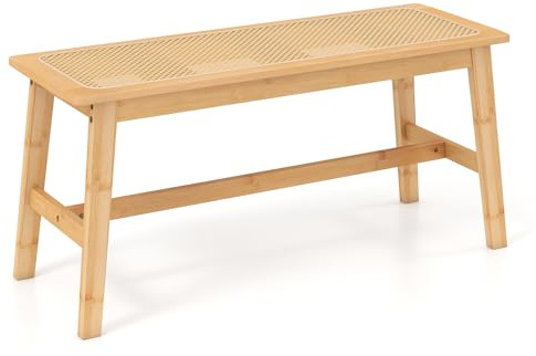 FANTASK Esszimmerbank aus Bambus, Sitzbank ohne Lehne mit handgewebtem Rattansitz, Küchenbank bis 300 kg, Essbank für Flur, Küche, Esszimmer & Schlafzimmer, 100 x 35 x 45 cm