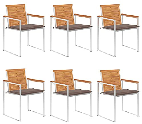 Mokuyary Trädgårdsstolar, set om 6 med kuddar, massivt trä, akacia balkongstol, terrassstolar, matstolar för terrass, trädgård, balkong D