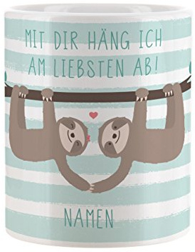 Herz & Heim® Tasse mit Faultier Paar - Mit dir häng ich am liebsten ab! - mit Aufdruck der Namen der Liebenden