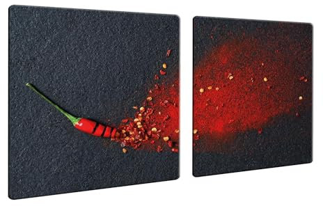 DAMU | Herdabdeckplatte 2teilig 2x40x52 Herdabdeckung Ceranfeld Glasschneideplatte Ceranfeldabdeckung 80x52 Herdplattenabdeckung Kochfeld Abdeckung Schneidebrett Glasplatte Chilli Paprika GewĂĽrze