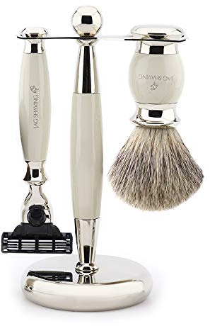 Jag Shaving Rasierset – Rasierhobel – Rasierpinsel Dachshaar – Rasierständer – 3 teiliges Rasierer Set Herren Damen, 3 Rasierklingen Rasierhobel – Elfenbein Rasierset als Geschenkset