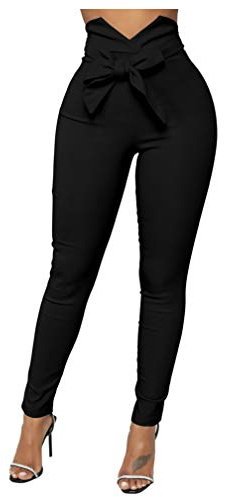 XXTAXN Women's Casual High Waist Stretch Trousers Solid Pencil Pants with Tie Black