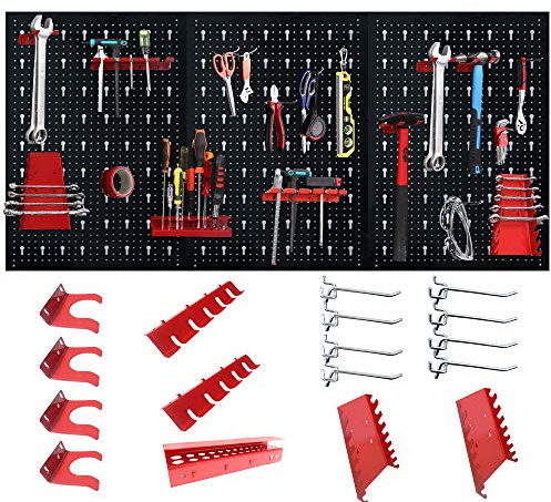 LZQ Panneau mural perforé, en métal - 120 x 60 x 2 cm- 17 crochets assortis- Noir/Rouge - Panneau à outils