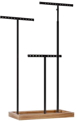 SONGMICS Espositore per gioielli 2 in 1, porta gioielli con 3 barre in metallo a T con fori, vassoio in altezza regolabile, per collane, bracciali, orecchini, marrone rustico e nero JJS016B01
