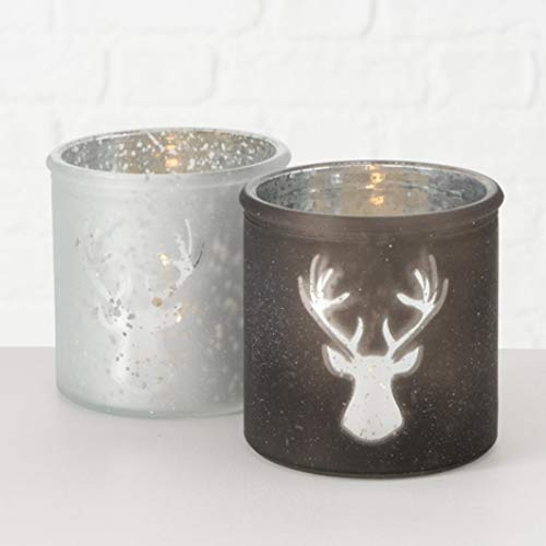 Windlicht Kerzenhalter Teelichthalter Hirsch grau Silber weiß 2er Set | Motiv Hirsch