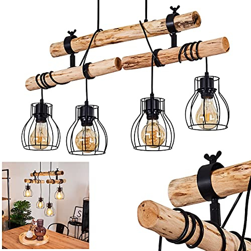 HOFSTEIN Hängeleuchte Gondo, 4-flammige Hängelampe aus Metall/Holz in Schwarz/Natur im skandinavischen Design, moderne Pendelleuchte mit Holzstab und Gitter-Schirmen, E27, Esszimmer, Wohnzimmer, Küche