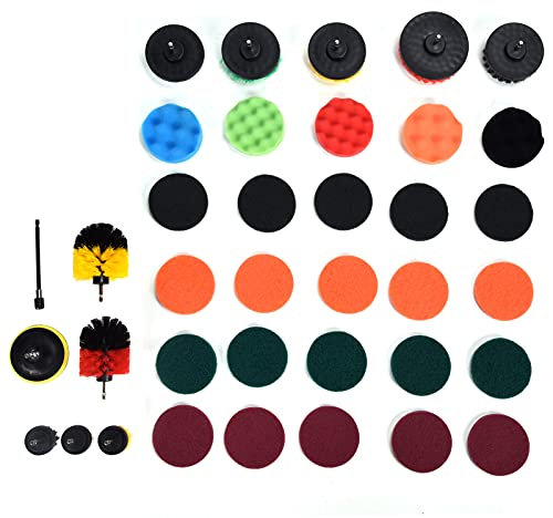 37pcs Cleaning Drill Brush Set, Suction Cup Brush Pad Sponge Kit with Extend Attachment, Scouring Pad Car Cleaning Kit Attachment Brushes All Purpose Clean for Car Oven Grout Carpet Floor Oven