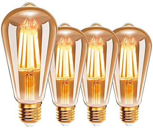 EXTRASTAR ST64 Vintage LED Light Bulbs 8W E27 Edison Screw, 720LM, Warm White 2200K Energy Saving Amber Retro Style Filament Decorative Bulb, Non-Dimmable, Pack of 4