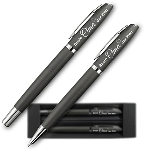 Metall Schreibset Grau mit Gravur: Beste Oma der Welt - Kugelschreiber und Rollerball - veredelt in Deutschland - wechselbare Minen - Pen, Gel-Stift - Großmutter, Grandma - Geburtstagsgeschenk