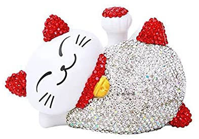 FIYSON Glückskatze Solarbetriebene Winkende Katze Niedliche Maneki Neko Glückskatze Figuren Winkender Arm faul liegende Katze Glück verheißend Fengshui Dekor für Zuhause,Auto-Dekoration,10x6cm (Rot-1)