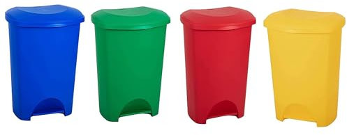 STAR SUPPLIES 50 litre recycling bins with lids blue green red yellow strong hard wearing plastic rubbish bins (1, Red)