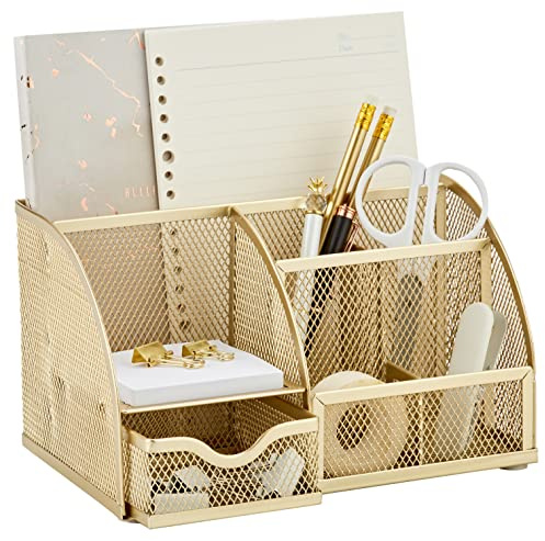 Annova, organizer da scrivania in rete con 7 scomparti + cassetto/organizer da scrivania per caramelle, portapenne, organizer multifunzione (Gold)