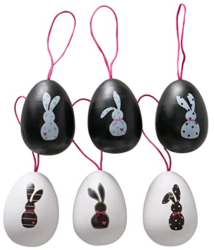 RiloStore 6 STK Ostereier Häschen schwarz Weiss Holzeier Osterhase Osterei - Set n139 Dekoeier Hänger 6cm Anhänger Osterdeko Osterschmuck Dekoeier Anhänger Eier Holz Hasen
