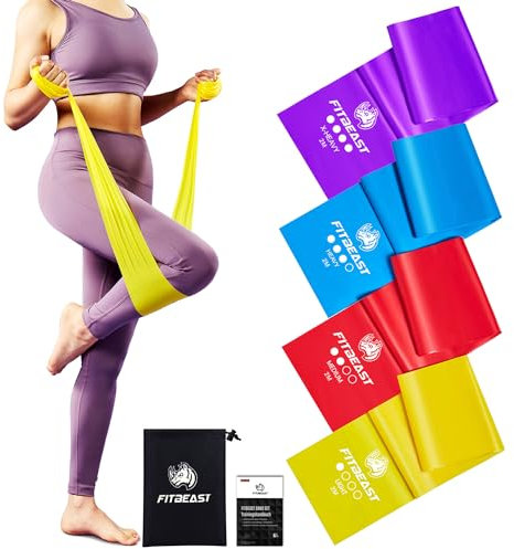 FitBeast Fitnessbänder 4er-Set, 1.5M Gymnastikbänder mit 4 Gymnastikband, Stretching Band mit Tragetasche & Übungsanleitung, Pilates Band für Fitnessband, Pilates, Yoga, Krafttraining, Physiotherapie