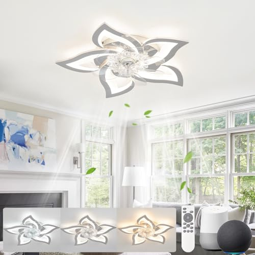 KeLuKes 65cm Deckenventilator mit Beleuchtung Leise, Blumen-Deckenleuchte mit Ventilator Kompatibel mit Alexa und Google Assistant, Timer Dimmbarer Ventilator mit Lampe für Schlafzimmer, Silber