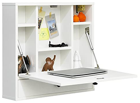GYMAX Hängeschrank, Wandschrank mit klappbarer Tür, Wandtisch, Klapptisch mit Ablagen & Schublade, Wandklapptisch, Schreibtisch für Wohnzimmer, Arbeitszimmer & Büro, 60 x 15 x 57 cm (Weiß)