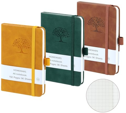 HOMEMARS Anteckningsbok a6, 3-pack dagbok, fyrkant, anteckningsbok, brun, grön, gul, 192 sidor, anteckningsbok, dagbok, resedagbok, läderanteckningsbok, präglad trädritning