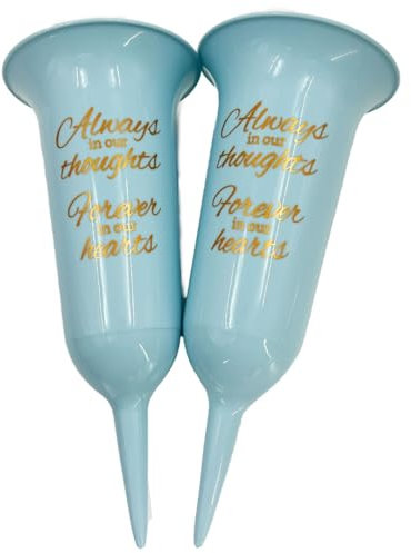 Angraves Set of 2 Baby Blue and Gold Forever in Our Hearts Fluted Spiked Memorial Grave Flower Vases