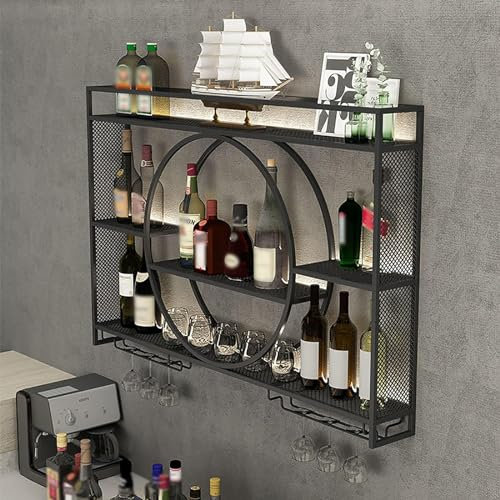Porta Bottiglie Da Vino Portabottiglie Da Parete Con Ripiano Espositivo, Moderno Portabottiglie da Parete con Porta Calici Porta Bottiglie di Vino da Parete Ripiani per Ba(Size:100*15*80cm,Color:Nero)