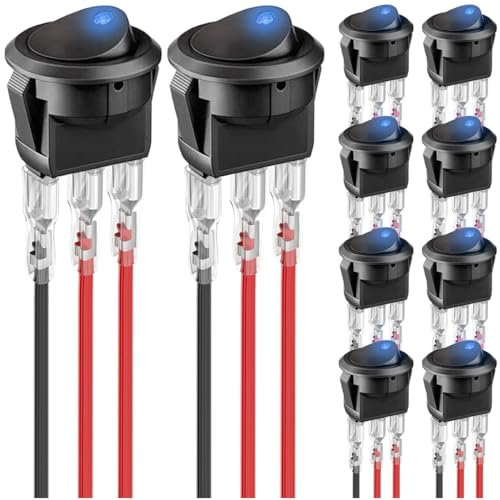 MKBKLLJY 10St. Runder Wippschalter Blaue LED 12V 20A 3Pin Verdrahteter LED-Licht Ein/Aus Schalter SPST Beleuchteter Kippschalter mit 30 St. Verriegelten Anschlussdrähten für Auto-Boot