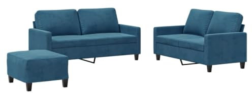 vidaXL Sofagarnitur 3-TLG., Sessel Couch mit Kissen Fußhocker, Sofa Wohnzimmersofa mit Armlehnen, Couchgarnitur Designsofa Sitzmöbel Polstermöbel, Blau Samt