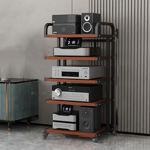audio rack hifi regal Mobiles Audio-Rack-Schrank, 106 Cm Hohes Verstärker-Rack-Regal Für Büros/Aufnahmeräume/Heimkino, Stereo-Komponentenschrank, Medienspeicher-Organizer - Schwarzweiß(Teak+black)
