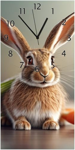 Wallario Design-Wanduhr Flauschiger Hase mit Möhren aus Glas, Motiv-Uhr Größe 30 x 60 cm, Schwarze Zeiger