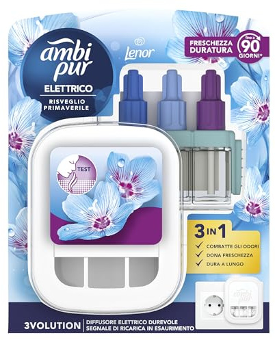 Ambi Pur 3Volution Profumatore per Ambienti, 1 Diffusore Elettrico e 1 Ricarica, Fragranza Lenor Risveglio Primaverile, Teconologia Elimina Odori, Fino a 90 Giorni di Profumo per Ricarica | Deodorante per Casa, Durata Fino a 90 Giorni per Ricarica, Tecnologia per Catturare ed Eliminare Gli Odori, Dona Freschezza