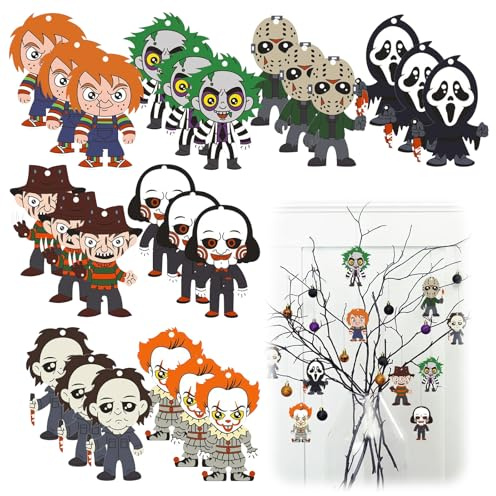 DINGFENG Adornos colgantes de película de terror de Halloween, 24 figuras de madera, ocasión: Halloween