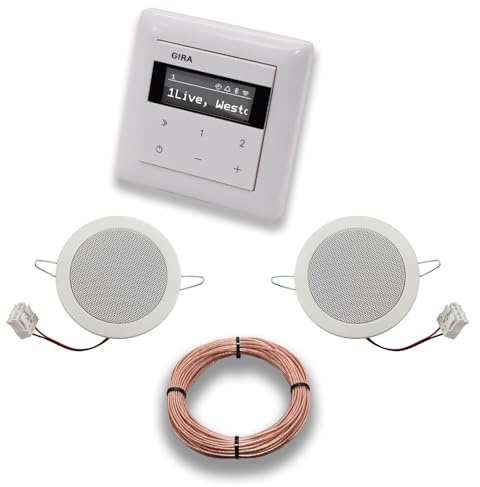 Gira Unterputz IP Internetradio 232003 + Bluetooth Komplett-Set, System 55 reinweiß glänzend + 2 x Deckenlautsprecher/Einbaulautsprecher + 20 Meter Lautsprecherkabel 2x0,75 mm