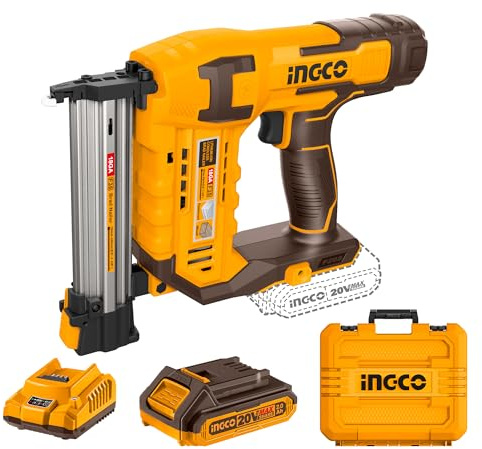 INGCO Chiodatrice senza fili da 20 V, 3 chiodi/s, pistola elettrica chiodatrice, 1000 chiodi Brad Nails, con 1 batteria da 2,0 Ah e caricabatterie, imballato in custodia per il trasporto