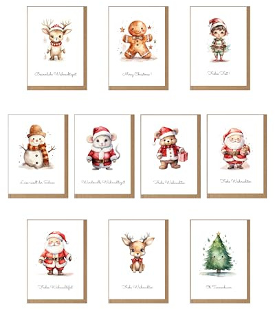 DwieDeko Karten Set für Kinder zu Geburtstag oder Weihnachten inkl. Umschläge – Glückwunschkarten Kindermotive Tiere - Karten Junge und Mädchen – Happy Birthday Postkarten (Weihnachten)
