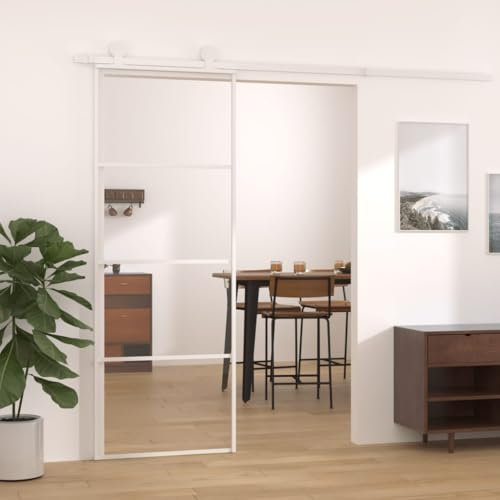 Schiebetür ESG Glas Tür Schiebetürbeschlag Schiebetürsystem Glasschiebetür Glastür Zimmertür Innentür mit Aluminiumrahmen, 76x205 cm Weiß