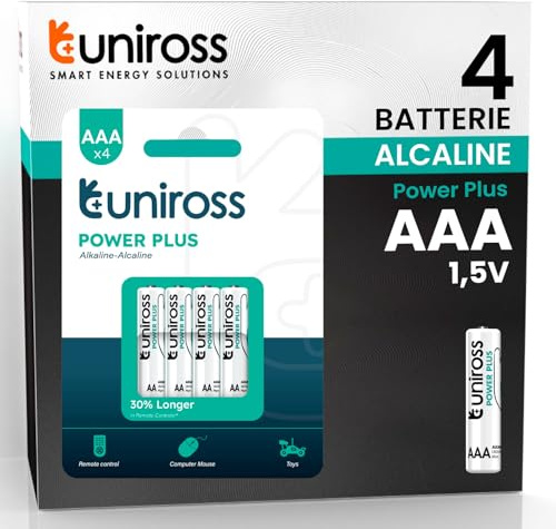 Uniross Pile Alcaline Mini Stilo AAA LR03 Power Plus da 1,5V Lunga Durata per Sveglie Orologi Telecomandi e Giocattoli Radiocomandati - Blister da 4 Batterie