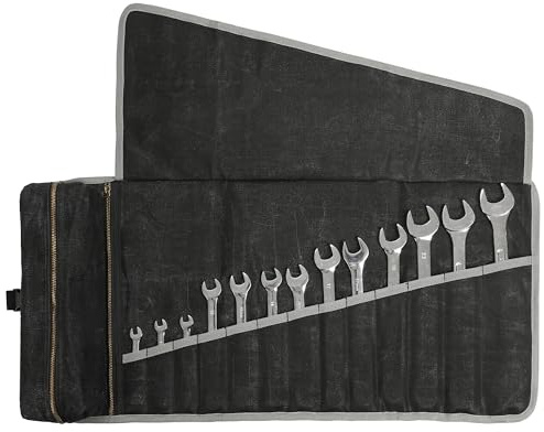 Werkzeugtasche, 16OZ gewachstes Segeltuch Werkzeugrolle Organizer - 66x32, Steckplätze für Schraubenschlüssel + 1 Reißverschlusstasche + 1 abnehmbare Tasche, Canvas Werkzeug Rolle mit Schnalle